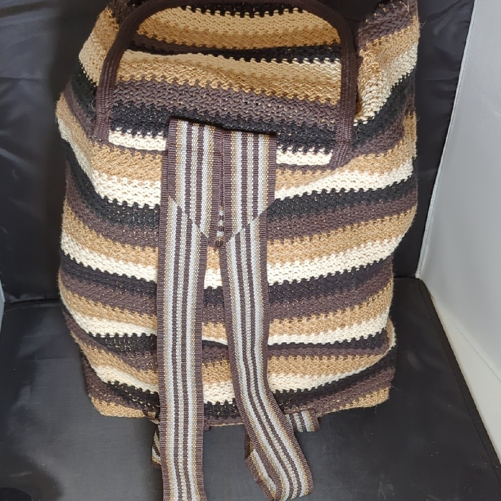 Striped Brown Cream and Tan Backpack Bag - Picture 2 of 3